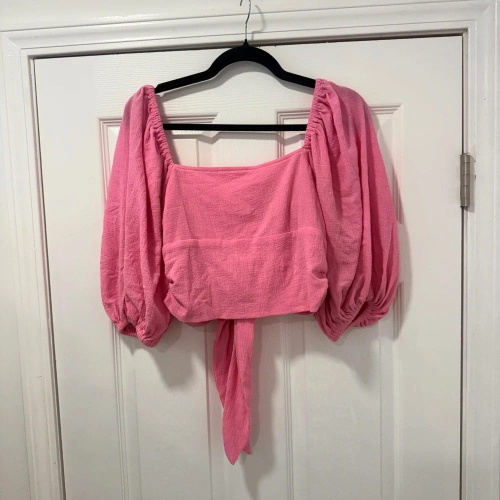 Free People Jens Pirate Booty Pink Puff Sleeve Crop Top Square Neck Smocked S